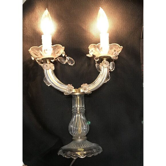 Vintage Electric Table Lamp Clear Glass Two Lite Chandalier Crystals 14 X 5 - Picture 2 of 9